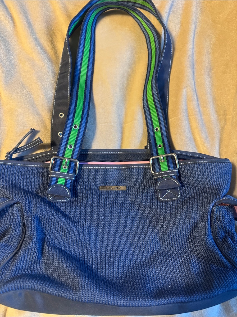 The Sak Navy Knit Tote with Green and Blue Striped Handles